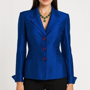 NEW Kasper Sapphire Blue blazer silk look Suit Jacket elegant cuff sleeve SIZE 8